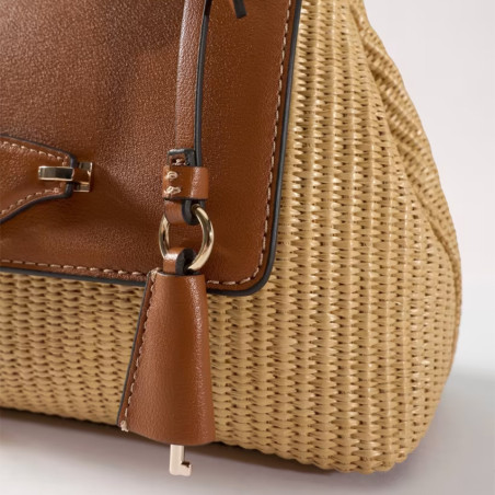 Guess Maggie Small Shoulder Bag Faux Leather Raffia Look NRC Natura...