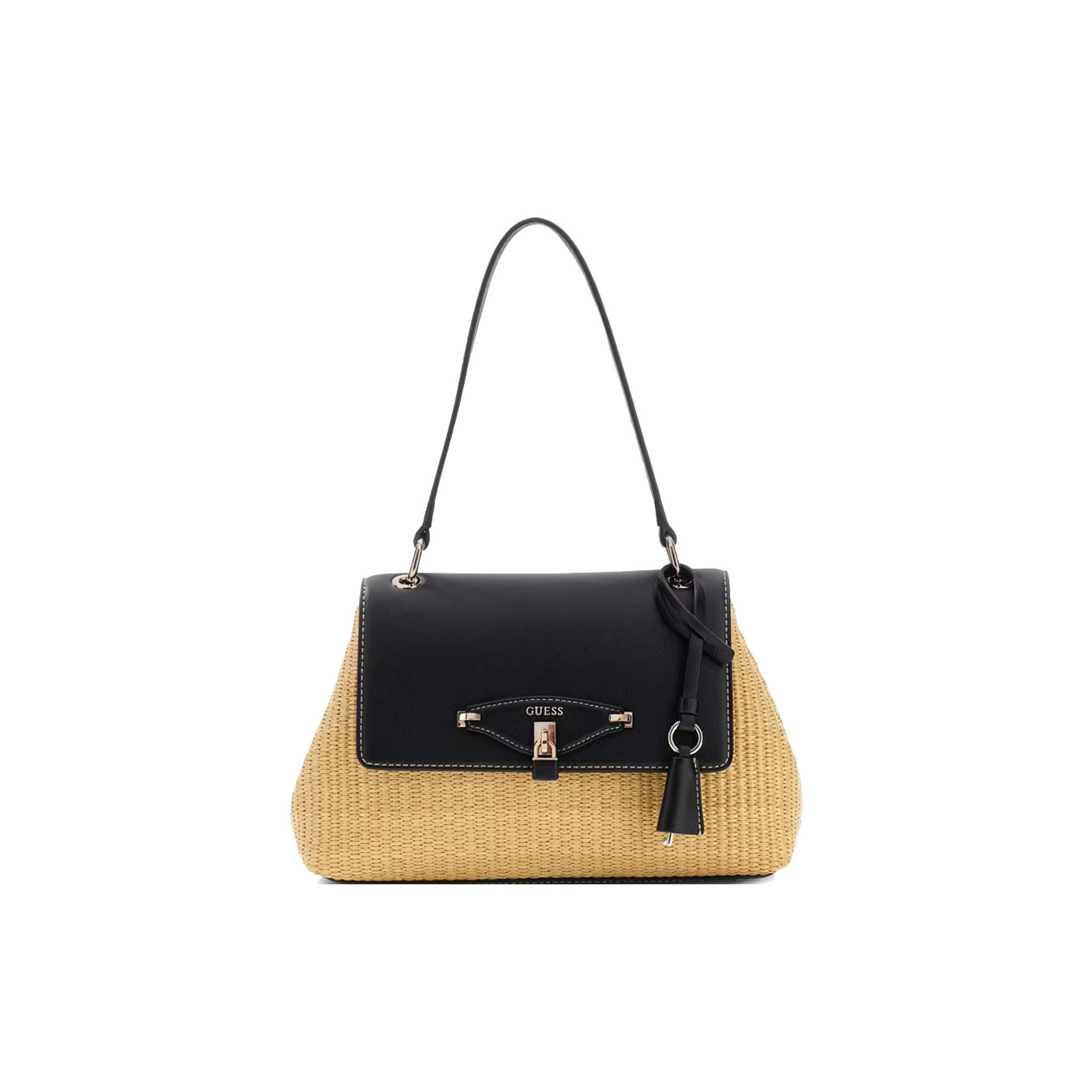 Guess Maggie Small Shoulder Bag Faux Raffia Look NTB Natural Black