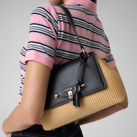 Guess Maggie Small Shoulder Bag Faux Raffia Look NTB Natural Black