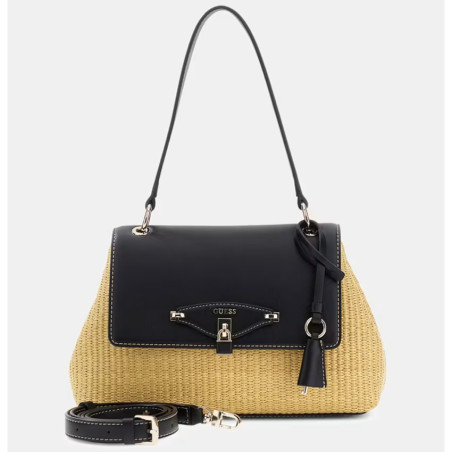 Guess Maggie Petit Sac Porté Epaule Similicuir Facon Raphia NTB Naturel Black face