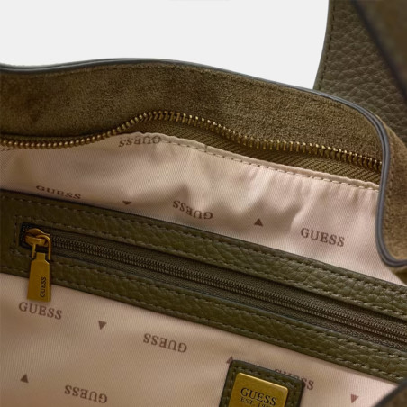 Guess Camden Sac Porté Epaule Moyen Similicuir Facon Nubuck Olive ouvert