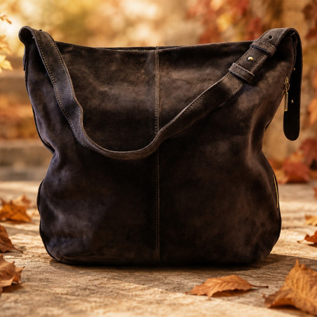 Mila Louise Maeli V Velvet Effect Leather Satchel Bag in Dark Brown