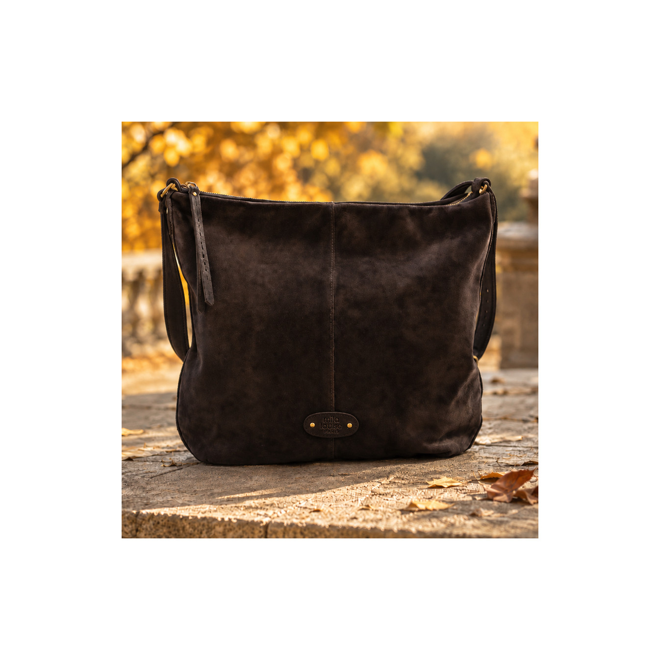 Mila Louise Maeli V Velvet Effect Leather Satchel Bag in Dark Brown