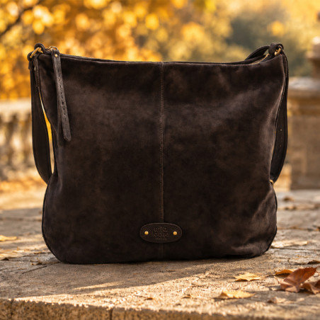 Mila Louise Maeli V Velvet Effect Leather Satchel Bag in Dark Brown