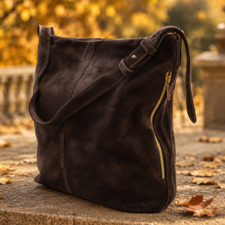 Mila Louise Maeli V Velvet Effect Leather Satchel Bag in Dark Brown