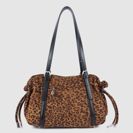 Lancaster Velvet Emma Sac Porté Epaule 518-096 Aspect Suédine Camel Léopard dos