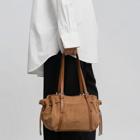 Lancaster Velvet Emma Shoulder Bag 518-096 Suede Look Mocha