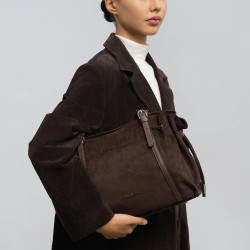Lancaster Velvet Emma Large Shoulder Bag 518-097 Suede Effect Brown
