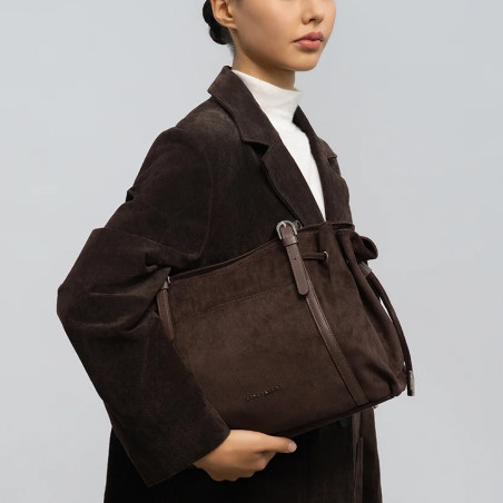Lancaster Velvet Emma Large Shoulder Bag 518-097 Suede Effect Brown