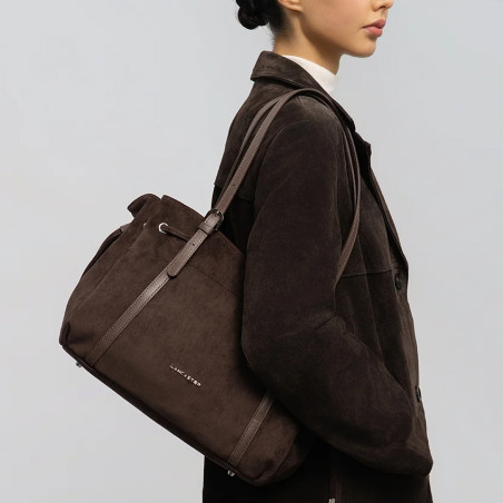 Lancaster Velvet Emma Large Shoulder Bag 518-097 Suede Effect Brown