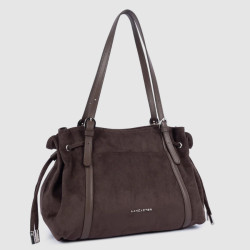 Lancaster Velvet Emma Grand Sac Porté Epaule 518-097 Aspect Suédine Marron côté