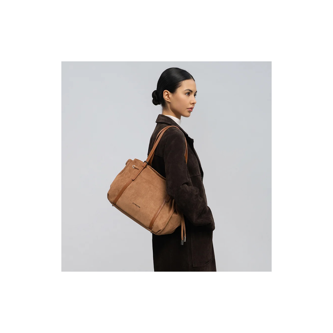 Lancaster Velvet Emma Large Shoulder Bag 518-097 Suede Look Mocha
