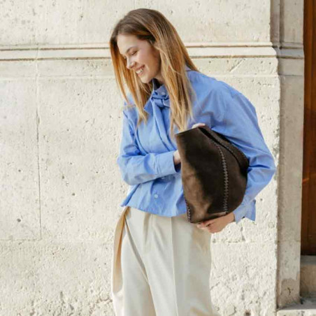 Biba Narrows Sac Shopper En Cuir NAW1L Marron Oscuro porté épaule