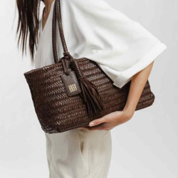 Biba Perkins Sac Cabas Baguette Cuir Tressé PER10L Marron Os porté épaule