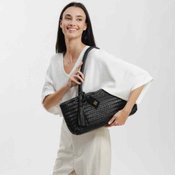 Biba Perkins Woven Leather Tote Bag PER10L Negro