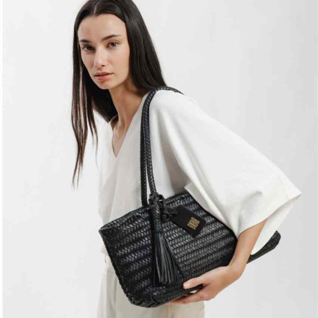 Biba Perkins Woven Leather Tote Bag PER10L Negro