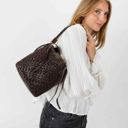 Biba Selma Bucket Bag in Woven Leather SEM1L Dark Brown