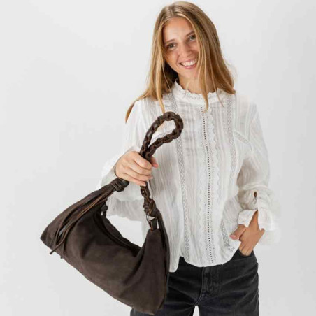 Biba Valmy Sac Porté Epaule Cuir VAY2L Marron Oscuro porté main 2