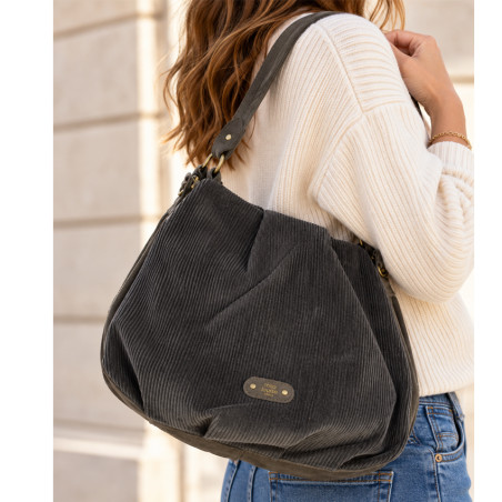 Mila Louise Priscille VFR2 Sac Besace Effet Velours Côtelé Gris Dark porté