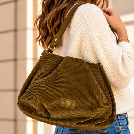 Mila Louise Priscille VFR2 Sac Besace Effet Velours Côtelé Ocre Dark porté