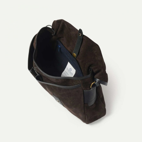 Bleu de Chauffe Sac Musette M Cuir Velours Marron Foncé ouvert