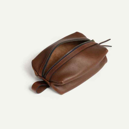 Bleu de Chauffe Trousse de toilette Zazou Cuir Grainé Brun Ambré ouvert