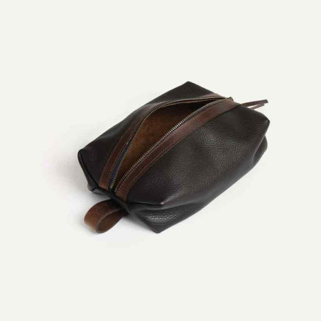 Bleu de Chauffe Trousse de toilette Zazou Cuir Grainé Marron Brun ouvert