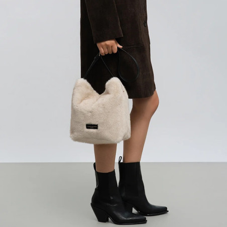 Lancaster Faux Fur Bucket Bag 518-089 Cream Black