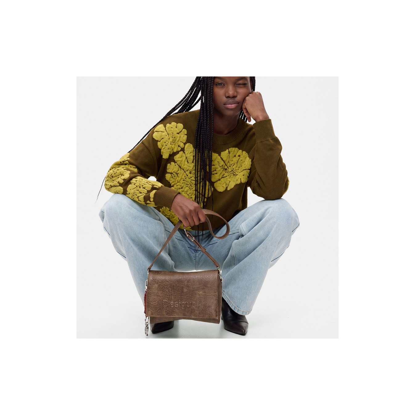 Desigual Half Logo Crossbody Bag with Flap in Brown Effect Leather