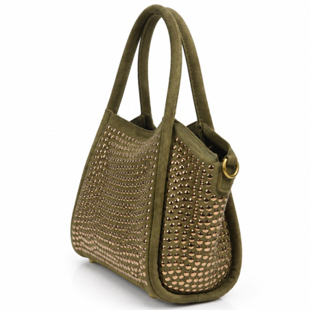Farfouillette Petit Sac Porté Main Effet Velours & Clous Kaki côté
