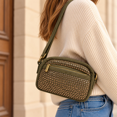 Farfouillette Sac Porté Travers Clouté Kaki porté