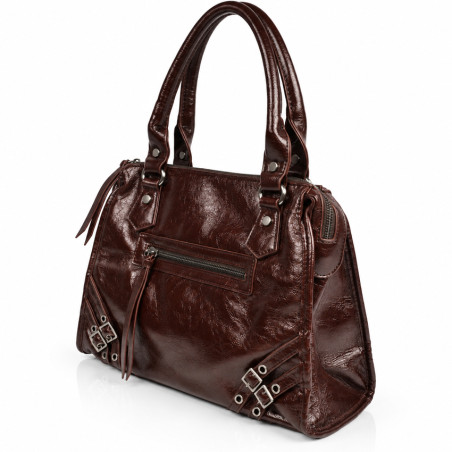 Farfouillette Sac Porté Main Effet froissé & Brillant Café côté