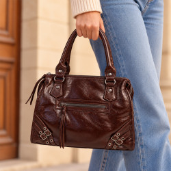 Farfouillette Sac Porté Main Effet froissé & Brillant Café porté