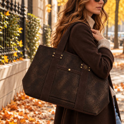 Mila Louise Peguy PT4 Sac Shopping Motif Python Brun Dark porté
