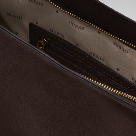 Guess Camden Sac Porté Epaule Moyen Similicuir Facon Nubuck ESP Marron Foncé ouvert