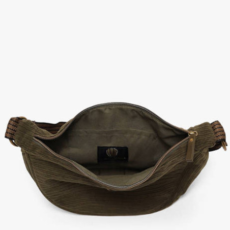 Le Voyage en Panier Velina Sac Banane Effet Velours Côtelé Kaki ouvert