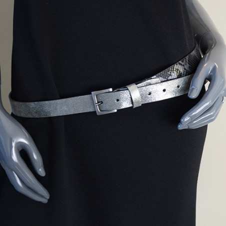 Ceinture Faune Maudez Cuir Reptile Noir Silver  portée