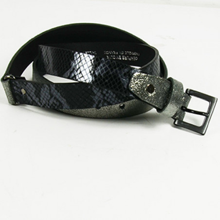 Ceinture Faune Maudez Cuir Reptile Noir Silver  boucle