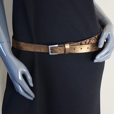 Ceinture Faune Maudez Cuir Reptile Marron Bronze portée
