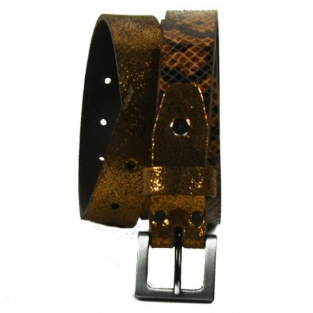 Ceinture Faune Maudez Cuir Reptile Marron Bronze face