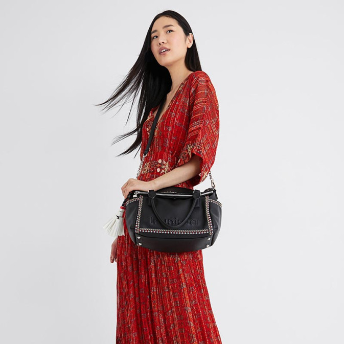Sac à Main Desigual Alpha Loverty 3.0 - En Polyuréthane - Motifs Floraux Brodés - 3 Anses Amovibles (courtes, Chaînette, Sangle) - Fermeture Magnétique
